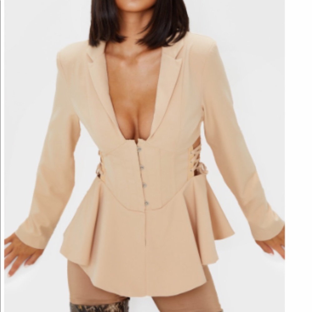 Nude Woven Corset Detail Peplum Blazer